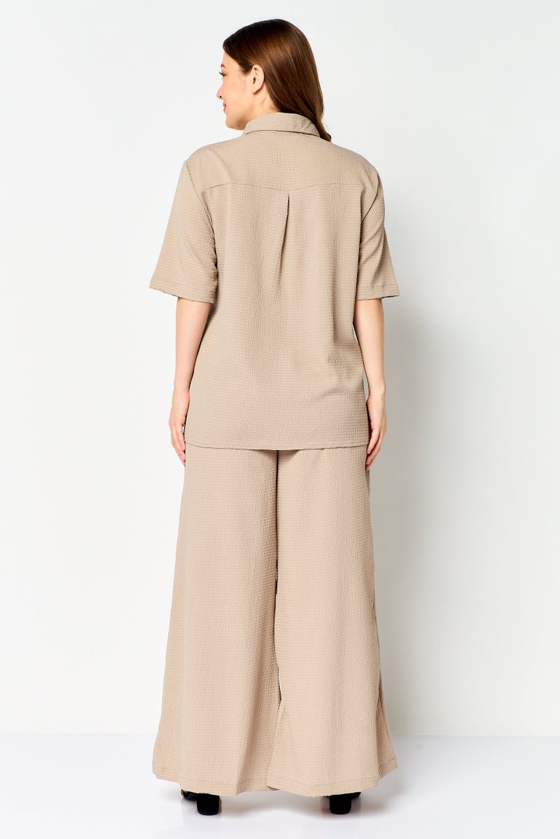 ANNE KLEIN Women 2 Pieces Pointed Collar Short Sleeve Textured Shirt And Palazzo Pants Set, Medium Grey - Image 3